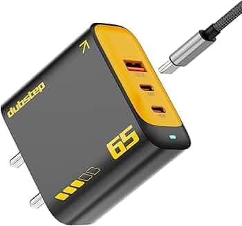 Dubstep Sprint 65W GaN Superfast Wall Charger with Type-C to Type-C Cable, 65W Output Compatible with MacBook & Type-C Laptop Charging, iPhone, Samsung, OnePlus, Nothing (Black/Yellow)