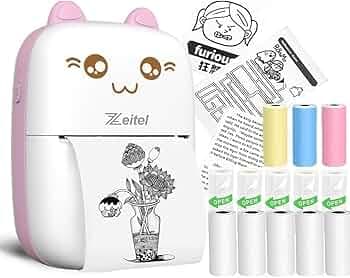 Zeitel® Mini Bluetooth Thermal Printer, Portable Label Printer Inkfree Printer for Android & iOS System, Black on White Thermal Printer with 13 Roll of Print Paper, Stickers, Pink