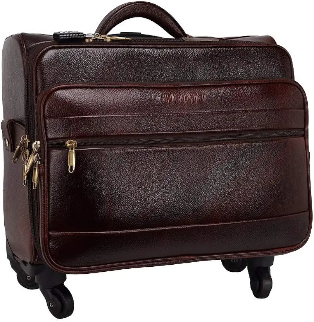 RICHSIGN LEATHER ACCESSORIES Men's Leather 42L Laptop Roller Cases Suitcase Cabin Luggage Travel Trolley Bag with 4 Wheels (Brown, Dimension : L=18 X W=10 X H=14 Inch, Weight :2.5 kg/2500 GR)