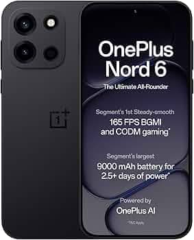 OnePlus Nord 6 | 8GB+256GB | Pitch Black | Snapdragon 8s Gen 4 | Segment's First Stable 165FPS Gaming | Segment's Largest 9000mAh Battery | Most Complete IP Rating | Personalized AI