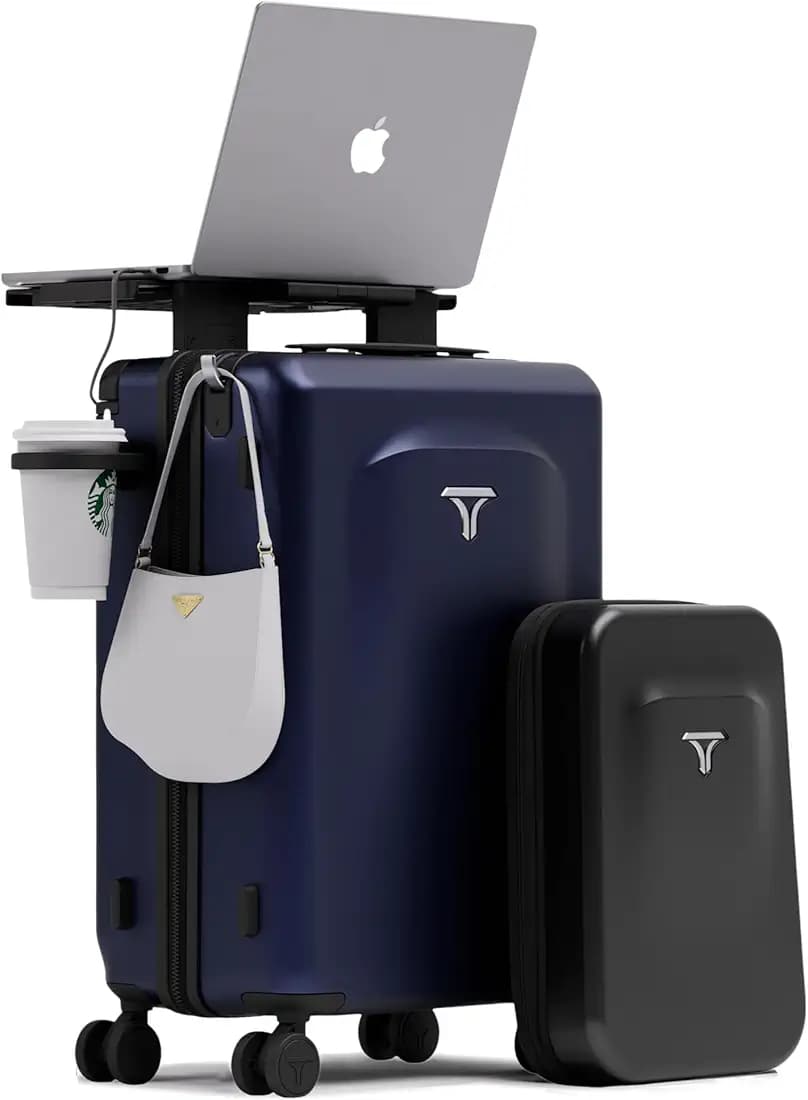 Carry-on PRO (56cm) Cabin Trolley Bag & Free Backpack, Digital Handle, Laptop Stand, TSA Lock, Apple AirTag Slot, Phone Stand, Cup Holder, 8 Lockable Wheels, PC Hard-Shell (T7 Digital, Indigo)