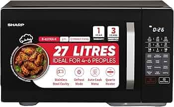 SHARP 27L Convection Microwave Oven (R827KNK, Black, Healthy Fry with Zero Oil, Stainless Steel Cavity, Vapour Clean)