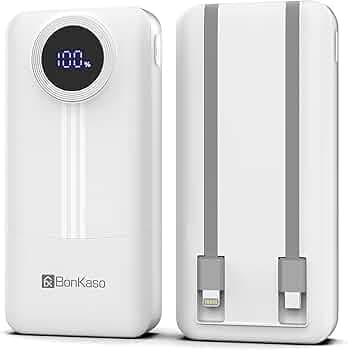 BonKaso 20000mAh Power Bank 22.5W PD Fast Charging with Built-in Type-C Cable, USB-A & Type-C Output, Digital LED Display, Slim Portable Charger for iPhone, Android, Tablets – White