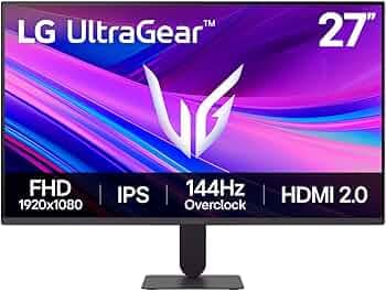 LG Ultragear 27G411A-B, 27 inch Full HD (1920 x 1080) IPS Gaming Monitor, 144Hz (O/C), 1ms MBR, NVIDIA G-Sync Compatible, AMD FreeSync, HDR10, HDMI, DisplayPort, Slim Stand, Black