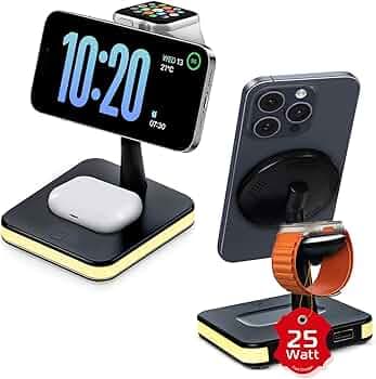 Spracht Flex Charge 4, 4-in-1 Wireless Charging Stand | 25W Fast Charger, Magnetic Connection -Works for Smartphone, Watch, Ear Buds, Qi-Enabled Devices | Nightlight, Magnetic Charging Stand (Black)