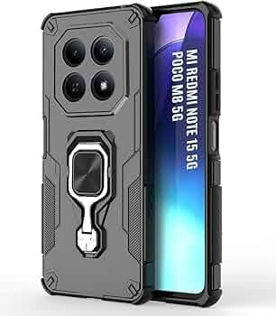 D5 Tough Armor Bumper Back Cover Case for Poco M8 5G | Ring Holder & Kickstand in-Built | 360 Degree Protection Back Case Cover for Poco M8 5G - Black