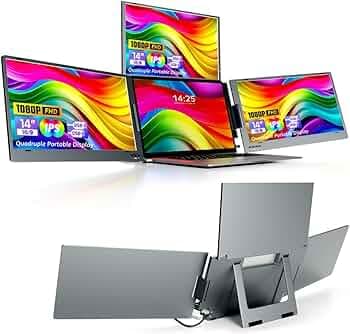 XAVION 14.0" Quad Screen Portable Foldable Monitor with Single Wire | Quad Monitor Compatible with Windows 10,11 & MAC OS (M1,M2,M3 & M4) | Laptop Screen Extender (14.0 Inch)