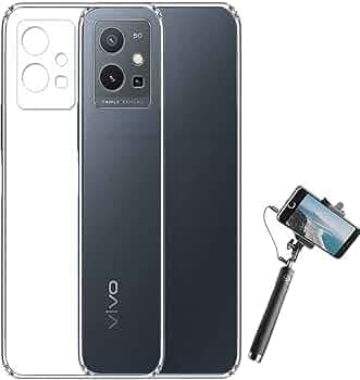 Soft Silicone TPU Flexible Back Cover Compatible with Vivo Y75 5G with Selfie Stick Monopod with Aux