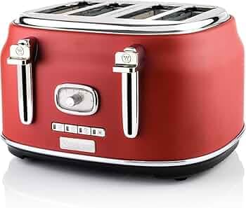 Westinghouse 4 Slice 1750 Watts Retro Toaster | Removable Bun Attachment, 6 Browning Levels, Bread Centring, Defrost, Warm-up & Stop Function, Extendable Crumb Tray | 2-Yr Warranty (Red)