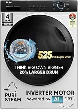 Haier 8 kg 5 Star Powered by AI-DBT with PuriSteam, 525mm Super Drum Fully Automatic Front Load Washing Machine (HW80-IM12929C, Inverter Motor with In-Built Heater, White)
