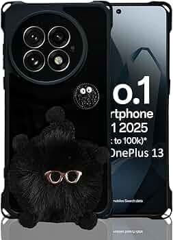 KC Back Cover for OnePlus 13 5G - Bumping Corner Anti-Fall 3D Cartoon Fur Ball Fur Specs Soft Silicone Camera Protection Case (Black)