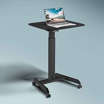 JIN OFFICE Ergonomic Height Adjustable Laptop Desk| 1 Year Warranty| Sit Stand Table with Lockable Wheels| Standing Desk for Home Office| Thick Column and Wide Steel Base| Spacious MDF top| Black