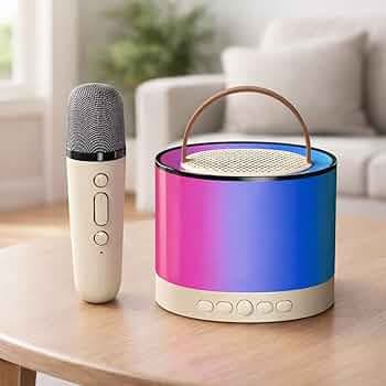 Toy Imagine Round Rechargeable Karaoke Mic with Speaker for Singing Wireless Mini Portable Bluetooth Speaker with Microphone & LED Lights Musical Toy for Boys,Girls & Adults,Birthday Gift for Kids