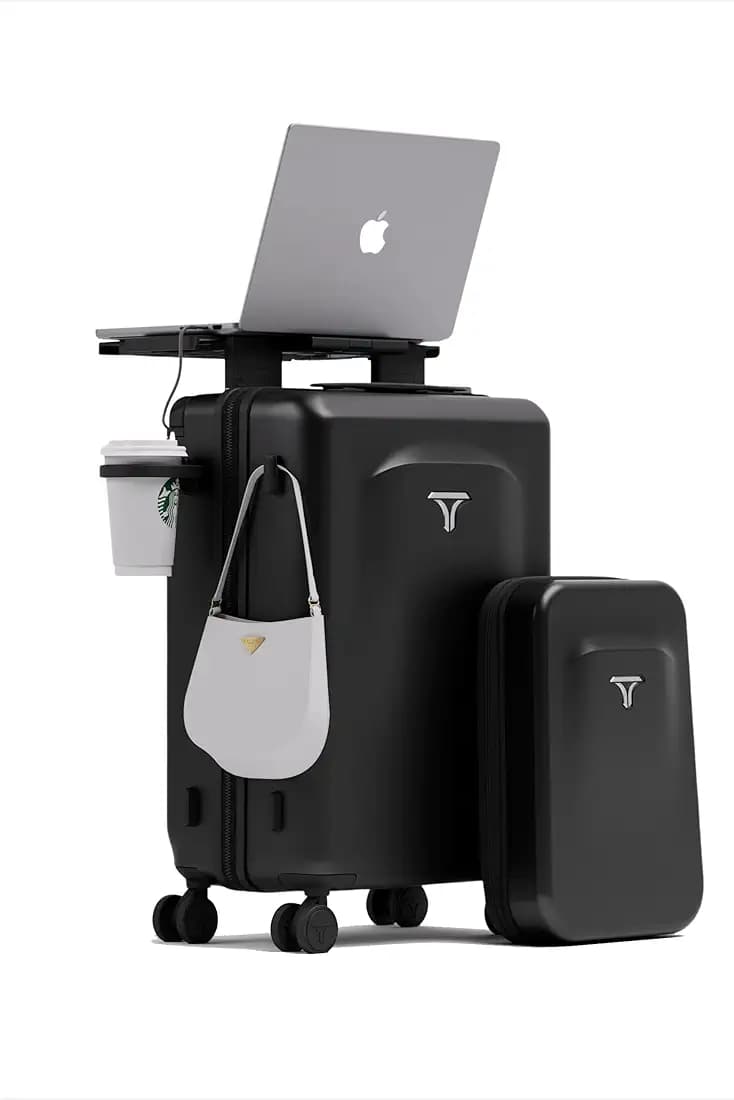 Carry-on PRO (56cm) Cabin Trolley Bag & Free Backpack, Laptop Stand, Combination Lock, Phone Stand, Cup Holder, 8 Lockable Wheels, Polycarbonate Hard-Shell (T6 Standard, Space)