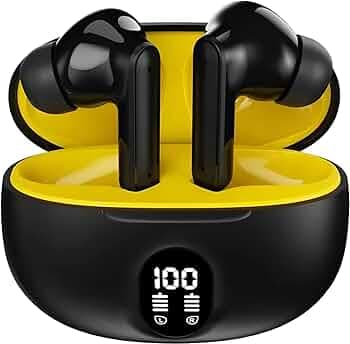ORAVO Wireless Earbuds, 30 Hours Playtime, 10mm Bass Drivers, Bluetooth 5.3, IPX4 Water Resistant, Type-C Charging, Black/Yellow