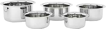 Amazon Brand - Solimo Tope Set of 5 | Stainless Steel | 420 ml, 550 ml, 840 ml, 1150 ml & 1550 ml | Induction and Gas compatible | Silver
