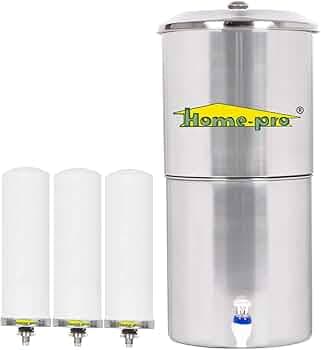 Home-Pro - Gravity Water Filter and Purifier | 27 Liters Total Capacity (14L Bottom & 13L Top) Made with Stainless Steel |Includes 3 Creamic Long Candle and Food Grade Plastic Tape