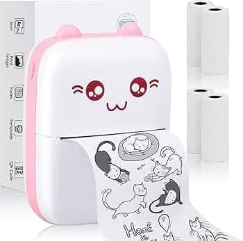 Careflection Mini Pocket Printer,Portable Thermal Printer for Label,Text Memo,Receipt,Sticker,Photo Printers, BT Inkless Printing, Wireless Bluetooth Printer Compatible with iOS and Android Pink Cat