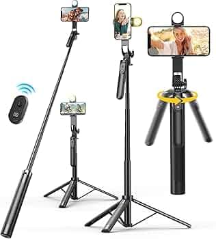 KINGONE Long Selfie Stick with Tripod Stand Aluminum 71inch/180cm, 360° Degree Rotation Selfie Stick Tripod for Phone, Rechargeable Remote & LED Fill Light, 1/4" Screw for Camera Gopro for Vlogging