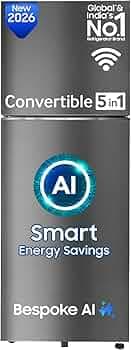 Samsung 350 L, 3 Star, Convertible 5-in-1, Digital Inverter, Frost Free Double Door, WiFi Bespoke AI Refrigerator (RT38HG5A23S8HL, Silver, Elegant Inox, 2026 Model)