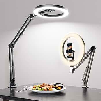 Luteti Overhead Camera Mount and Phone Holder with 10” Ring Light Adjustable Desk Tripod Stand Compatible with Logitech Webcam for YouTube, Live Streaming, TikTok, Cooking, Nail Video & Zoom Meetings