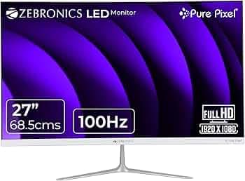 ZEBRONICS SA127 LED Monitor, 27 inch (68.5cm), 250 nits, 100Hz, FHD, 1920x1080, HDMI, VGA, Ultra Slim Bezel, Built-in Speakers, Metal Stand, Wall Mountable (SA127)