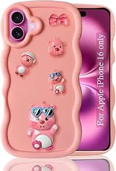 KC Back Cover for iPhone 16-3D Big Wave Cartoon Characters and Duo Specs Shockproof Soft Bumper Silicone Case with Camera Protection (Light-Pink)