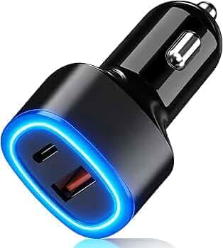 Star Work 51W Fast Car Charger, USB C (PD 33W + USB A 18W) Dual Port Car Adapter, LED Light Ring, Charger for iPhone 17/16, Android Smartphone,Laptop,12V-24V (2 Port (1-Type C + 1-USB)