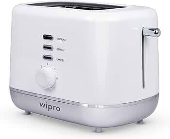 Wipro Vesta Bread Toaster 800 Watts Auto Pop up with Removable Crumb Tray, 7 Browning Levels with Defrost and Pre Heat Function (White), Standard (VA021020)