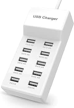 Upix USB Charger USB Charging Station with Fast Charging Auto Detect Technology Safety Guaranteed 10-Port Family-Sized Smart Charger for Multiple Devices Smart Phone, Tablet, Laptop, Computer