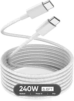 240W USB C To USB C Cable For Apple Macbook,iPhone,iPad|Fast Charging Power Delivery,Type-C PD Cable Compatible With Macbook Pro,iPhone 16/15,iPad Pro|2.0M Durable Braided Cable,2M,White