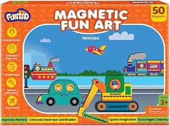 Magnetic Fun Art Puzzle - Vehicles|4-in-1 Travel Friendly Educational Toy with Writable Board|50 Magnetic Pieces with Informative Flash Cards |Birthday Gift for Boys & Girls Age 3,4,5 & 6 yrs