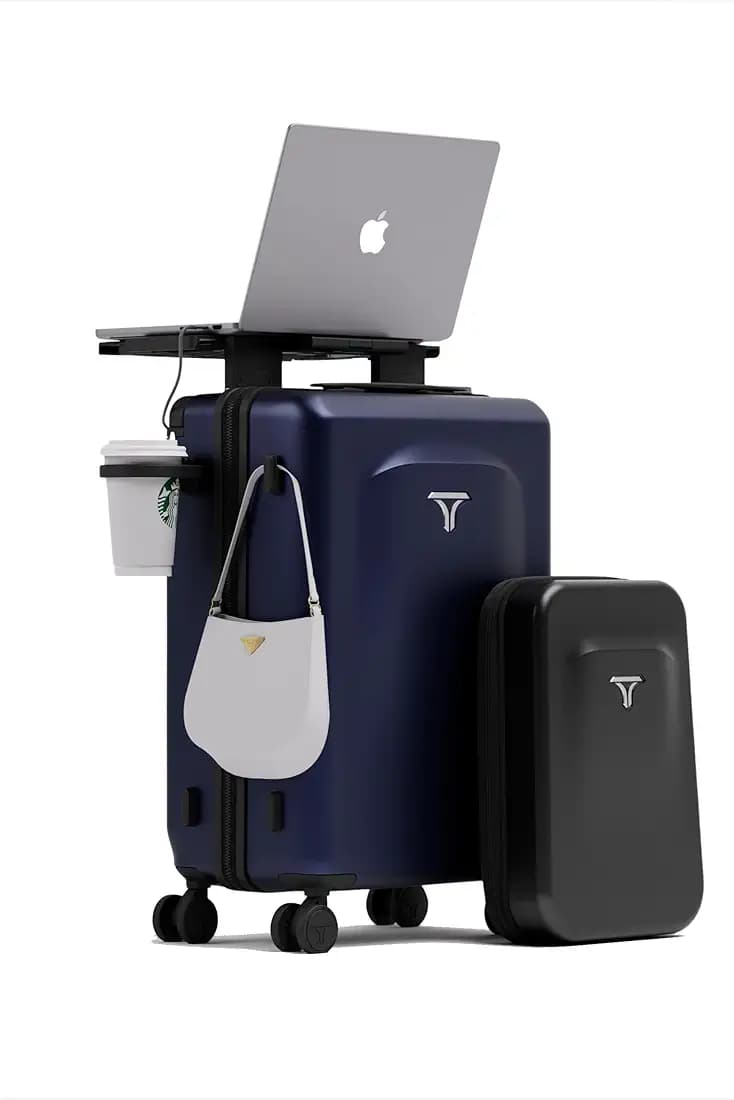 Carry-on PRO (56cm) Cabin Trolley Bag & Free Backpack, Laptop Stand, Combination Lock, Phone Stand, Cup Holder, 8 Lockable Wheels, Polycarbonate Hard-Shell (T6 Standard, Indigo)