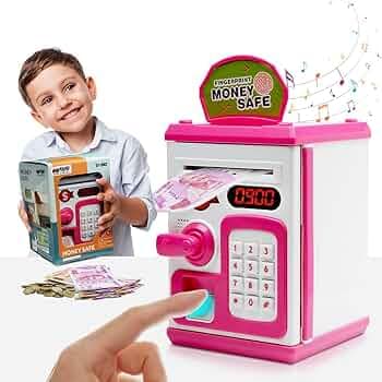 Gooyo GY-3011 Toy Money Bank with Fingerprint Sensor & Password Protection Feature | Money Safe Toy with Sound Effects | Money Saving Toy for Kids | Pink, Power Source : 3xAA Batteries (Not Included)
