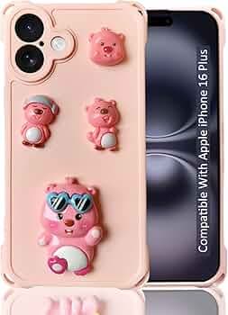 KC Back Cover for Apple iPhone 16 Plus - Cute Cartoon Characters and Heart Specs Four Corner Anti-Fall Bounce Protective Shockproof with Camera Protection Case (Pink)