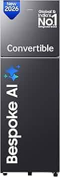 Samsung 236 L, 3 Star, Bespoke AI, Convertible, Digital Inverter Frost Free Double Door Refrigerator (RT80H28U3FHL, Black DOI, 2026 Model)