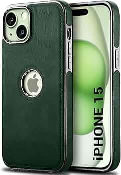 TheGiftKart Genuine Leather Finish Back Cover Case for iPhone 15 | Shockproof Design | Raised Edges for Camera & Screen Protection | Stunning Minimalist Design Back Case Cover (Chrome Sides, Green)