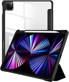 Amazon Basics Case for iPad Pro 11 Inch (2022/2021/2020, 4th/3rd/2nd Generation) | Soft Flexible Cover with Auto Wake/Sleep, Transparent Back, Pencil Holder (Black)