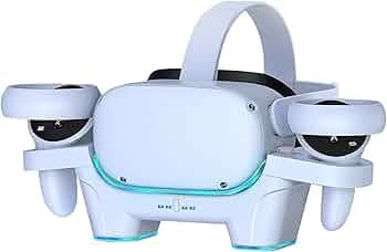 Ant Esports VR Charger Station Compatible with Oculus/meta 3 Quest 3 / 3S, RGB Light Fast Charging Dock Replacement,Headset Display Stand and Controller Mount with 2 Rechargeable Batteries – White