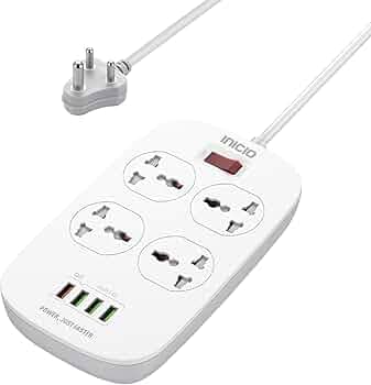 INICIO QC3.0 Fast Charge Extension Board [ 18W QC3.0 + 3 USB Ports + 4 Universal Sockets ] 2500W 10A Power Strip Surge Protector with 2m Heavy Duty Indian 3 Pin Cord for Home Office Use