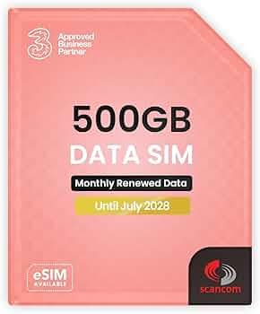 Three 500GB Data SIM - Uncapped 5G - Preloaded MONTHLY Until July 2028 - Plug & Play for Routers & Phones - Access to Three & Vodafone - Connects to the Strongest Signal available