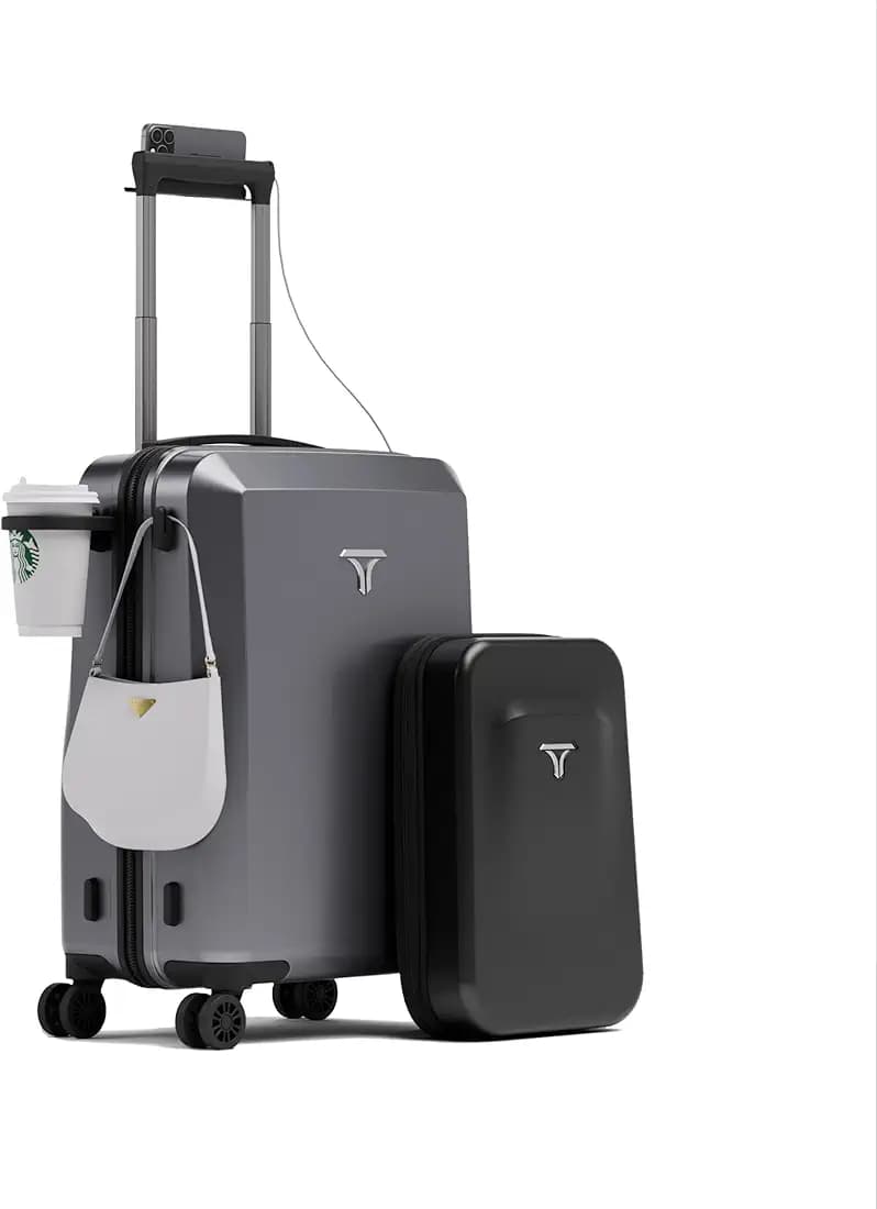 Carry-On (55cm) Cabin Trolley Bag & Free Backpack, Phone Stand, Combination Lock, Charging Slots, Cup Holder, 8 Smooth Wheels, Polycarbonate Hard-Shell (T3, Alloy)