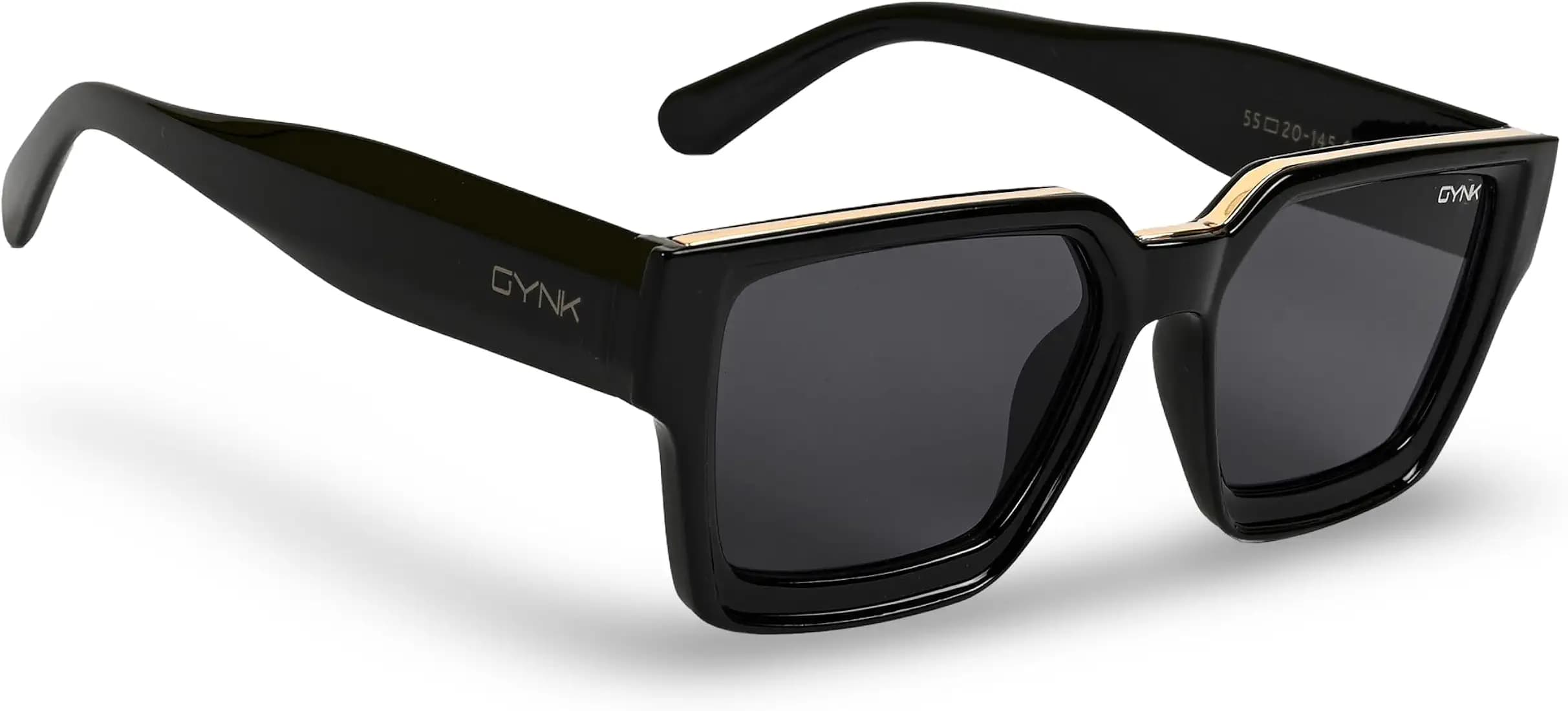 GYNK Premium Square Sunglasses, Black Frame with Gold Accent, Oversized Fashion Eyewear for Men