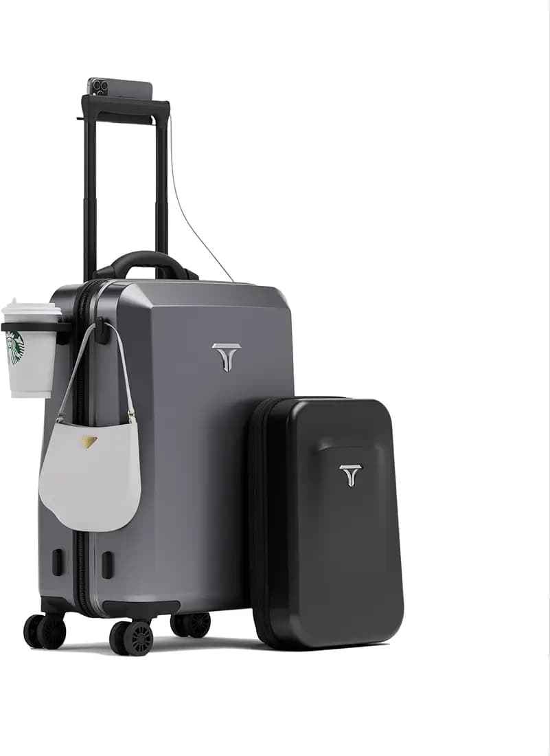 Carry-On (55cm) Cabin Trolley Bag & Free Backpack, Digital Handle, Phone Stand, Combination Lock, Charging Slots, Cup Holder, 8 Smooth Wheels, Polycarbonate Hard-Shell (T3, Alloy)