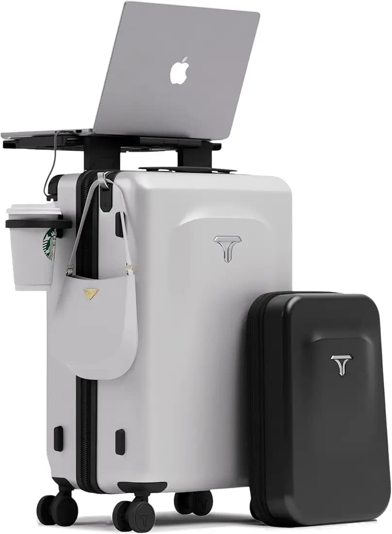 Carry-on PRO (56cm) Cabin Trolley Bag & Free Backpack, Digital Handle, Laptop Stand, TSA Lock, Apple AirTag Slot, Phone Stand, Cup Holder, 8 Lockable Wheels, PC Hard-Shell (T7 Digital, Snow)