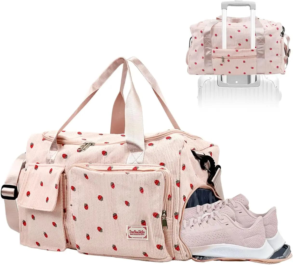 PALAY® Women Duffle Bag Gym Bag with Shoe Compartment Cute Pink Strawberry Prints Corduroy Travel Bag with Removable Shoulder Strap Multi-pocket Duffle Bag for Travel, Gym Session, Camping, 48x24x27cm