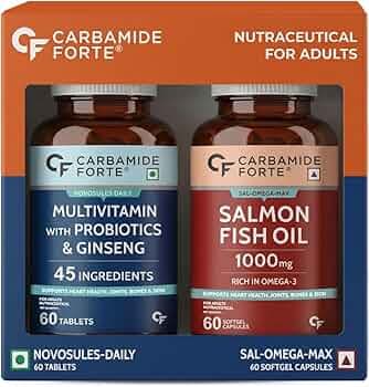 Carbamide Forte Multivitamin Tablet for Men with Probiotics & Salmon Omega 3 fish oil capsules | Salmon Fish Oil Omega 3 Capsule 1000mg and Multivitamin Tablets Combo | 60 Tablets + 60 Softgel Capsules
