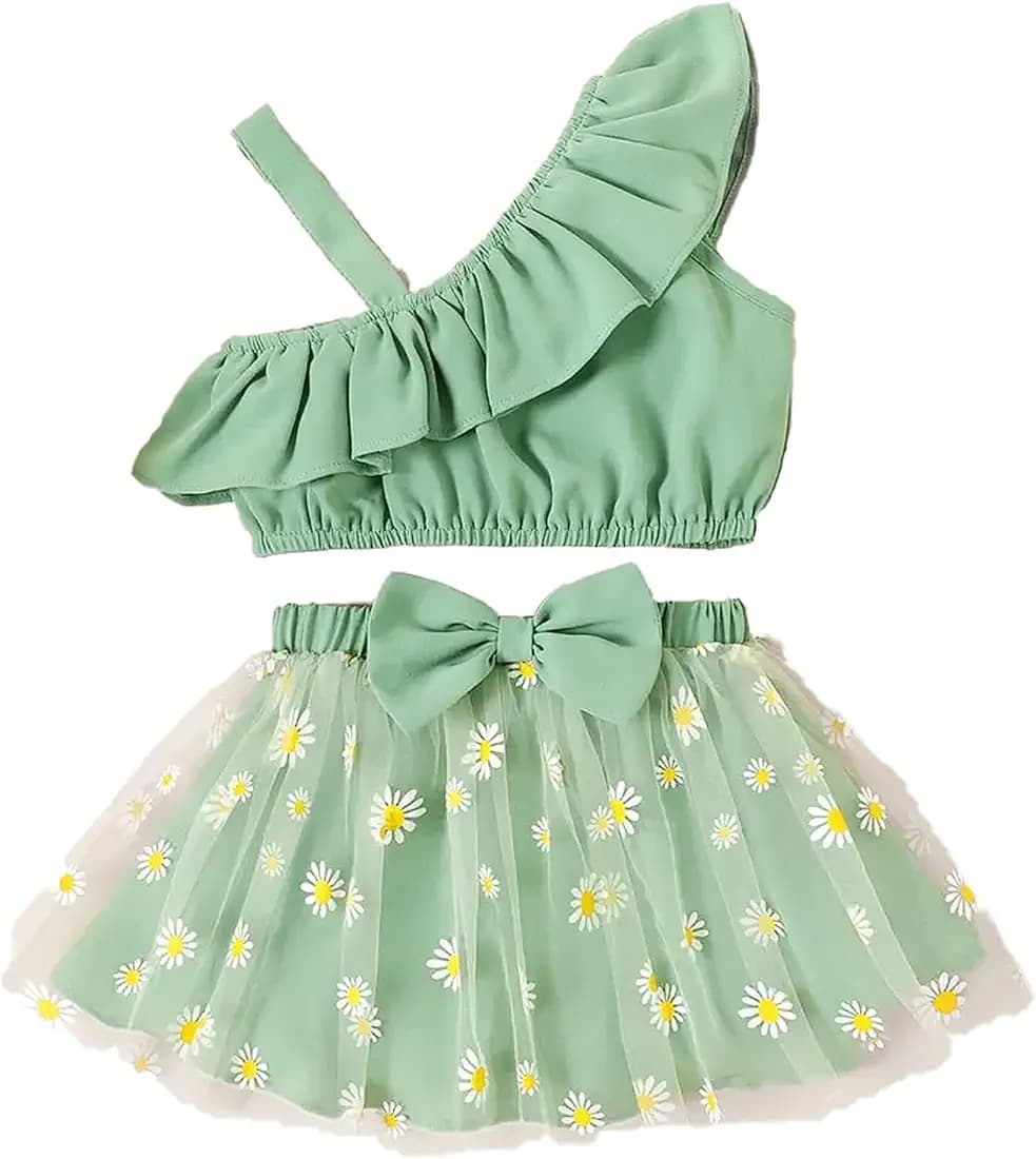 Latest Stylish Fancy Baby Girls Pista Green Pure Viscos Cotton Rayon Crop With Floral Printed Skirt