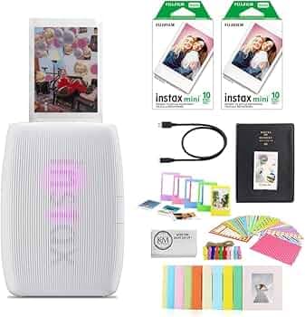 Fujifilm INSTAX Mini Link 3 Smartphone Printer | Clay White Bundled with INSTAX Mini Instant Film | 20 Exposures + Instax Mini Album, Borders, Stickers & Clips + Microfiber Cleaning Cloth (4 Items)