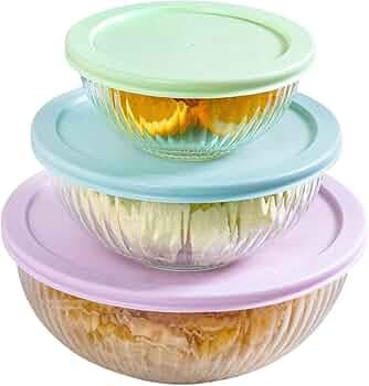 Nestasia Glass Serving Bowl with Lid Set of 3 (500ml, 1000ml, 2000ml), Transparent Mixing Bowl, Microwave, Dishwasher & Refrigerator Safe Glass Container for Kitchen Use